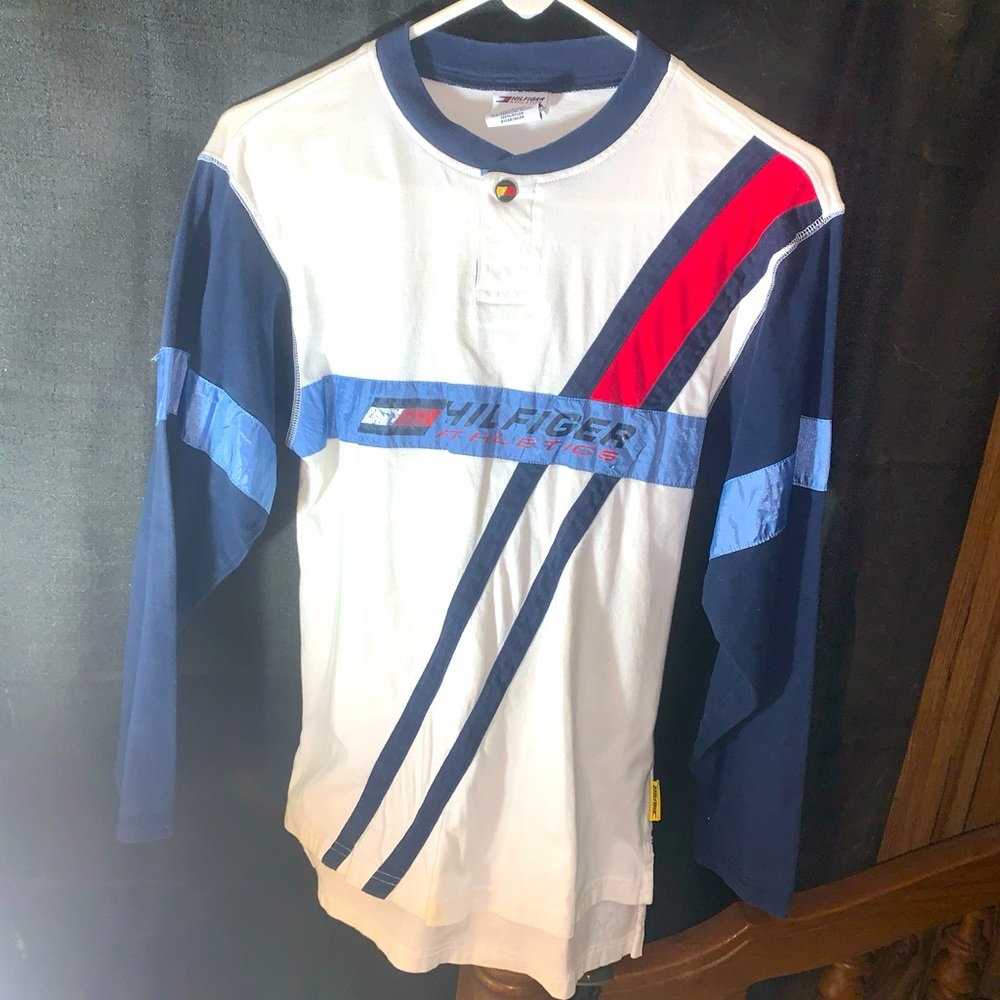 Vintage Tommy Hilfiger 90s Polo Shirt  Long Sleeve M Collarless One Button